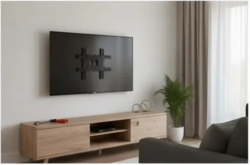 Salon rénové avec TV murale, meuble bas, finitions soignées
